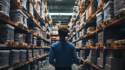 A man is inspecting a shelf filled with boxes in a warehouse, likely organizing inventory for a business
