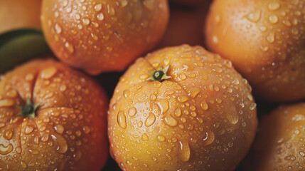 Top view of fresh orange , peach and apricot withvisible  water drops .