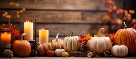 Autumn-themed Home Decoration with Pumpkins, Candles, and Leaves.