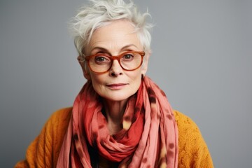 Studio portrait of a senior woman wearing glasses and a colorful scarf.
