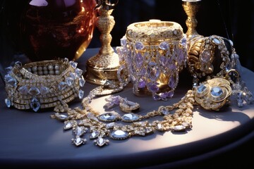 Crystal Ballroom: Jewelry arranged on a table in a crystal-adorned ballroom.