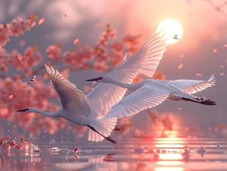 Fototapeten Two beautiful white and orange spoonbill birds flying over the water, with many small red leaves floating on their wings. A beautiful landscape background in the style of Chinese landscape painting © JetHuynh
