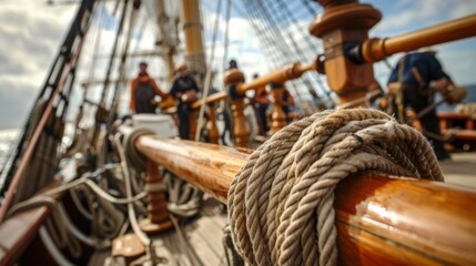 Obraz premium Inside the deck of a ship a group of sailors are hard at work adjusting the rigging and ropes to catch the wind just right. The captain stands at the helm his hand on the