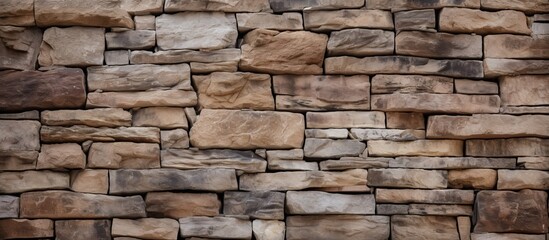 A close up of a stone wall made up of brown rectangular bricks. The wall is a composite of natural materials, such as rock and beige stone