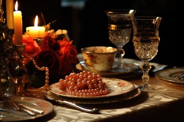 Obraz na płótnie Canvas Candlelit Dinner: Jewelry on a table set for a romantic candlelit Christmas dinner.