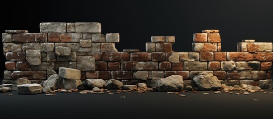 A 3D model of a brick wall with rocks protruding, creating a unique facade for a building in the city. The design combines elements of nature and urban architecture