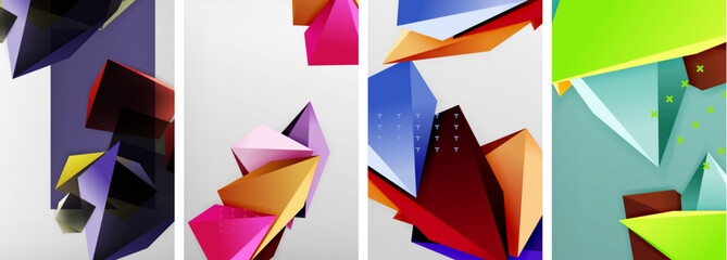 Trendy low poly 3d triangle shapes and other geometric elements background designs for wallpaper, business card, cover, poster, banner, brochure, header, website