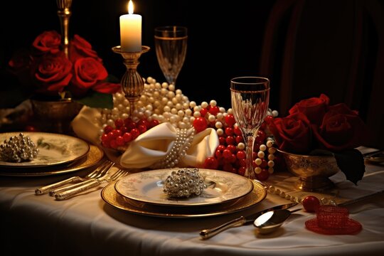 Candlelit Dinner: Jewelry on a table set for a romantic candlelit Christmas dinner.