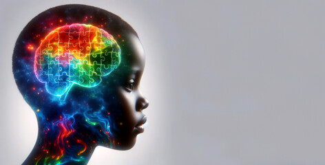 An African American child with a brain puzzle. Concepts of thinking, neurodiversity, disability, mental health and neurological brain health, autism spectrum disorder with room for copying