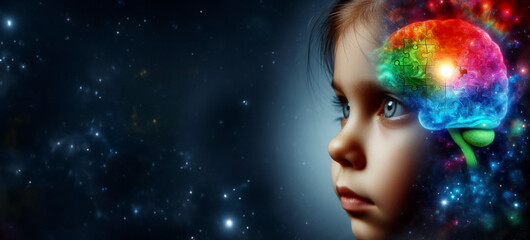 Cute girl with a brain puzzle close-up against a dark night sky with stars and free space for ad copy. World Autism Awareness Day, children with special needs