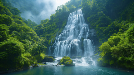  Beautiful green amazon forest landscape, rain forest jungle with waterfalls.