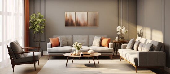 Living room interior featuring a grey armchair, sofa, and coffee table