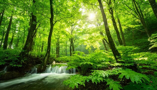 自然豊かな緑あふれる森の中に太陽光　森林浴の画像