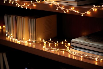 Twinkling Bookshelf: Jewelry on a bookshelf surrounded by twinkling lights and Christmas books.