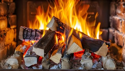 Close-up shot of fireplace and burning wood