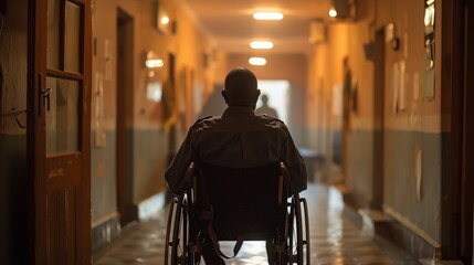 Solitary man in wheelchair facing the end of a dimly lit corridor, representing loneliness and accessibility issues.
 - obrazy, fototapety, plakaty