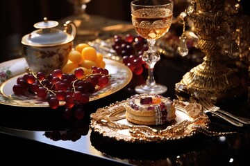 Holiday Feast: Jewelry on a table set for a lavish holiday feast.