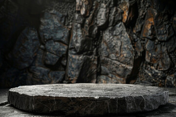 Stone and Rock podium, pedestal for brand product exhibition. Solid dark black color. Mockup template for ads design, copy space, generative a