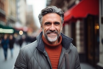 Portrait of a handsome middle-aged man with grey hair and beard in the city.