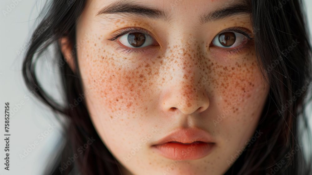 Wall mural a close-up image of an asian woman with many freckles