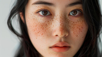 A close-up image of an Asian woman with many freckles