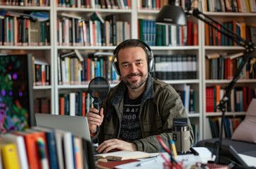 Portrait of a happy smiling young man in headphones talking into a microphone while recording a podcast with a book, laptop and notes on a white desk at home in a library or office background