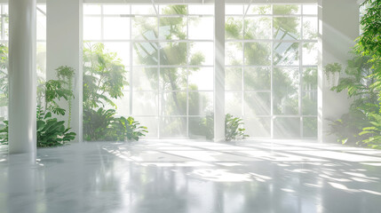 white room with a window and a plant