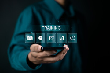 Training webinar E-learning concept. Person showing training icon on virtual screen. Educational technology and personal development.