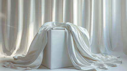 Podium box covered with white cloth. white curtain background