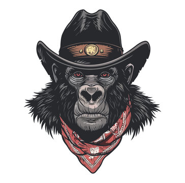 Gorillas Head wearing wearing cowboy hat and bandana around neck