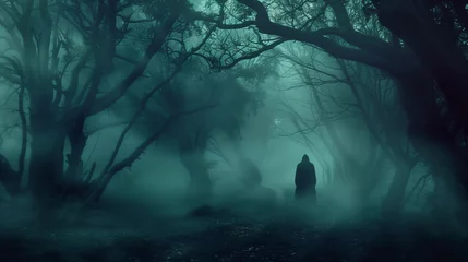 Fotobehang A person stands amidst a dark and mysterious forest engulfed in thick fog, casting a shadowy figure. Halloween theme, copy space. © keystoker