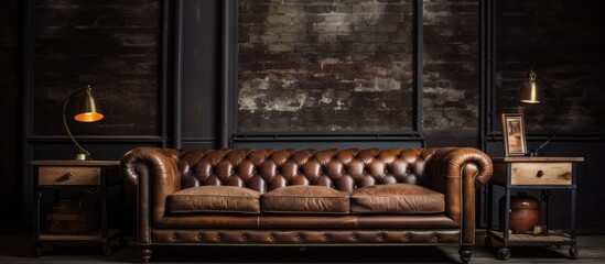 A brown leather couch is placed in a dimly lit room with hardwood flooring and a rectangle window. Additionally, there is a wooden door and a chair in the corner - obrazy, fototapety, plakaty