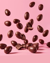 Chocolate candies falling on a pink background. Motion Effect.