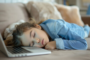 A tired kid hugging laptop and sleeping on the table