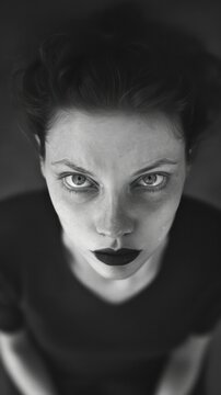 Cinematic black and white photography depicting a woman's nervous and expressive facial features.