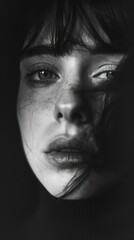 cinematic photography of a woman, with nervous and dramatic facial expressions, black and white photography