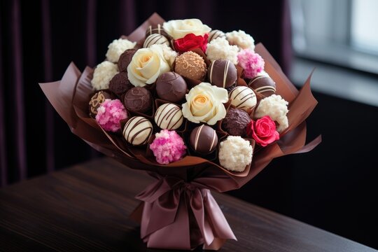 A bouquet with a mix of flowers and chocolate truffles.