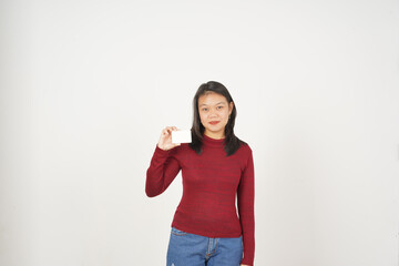 Fototapeta premium Young Asian woman in Red t-shirt Showing blank card isolated on white background
