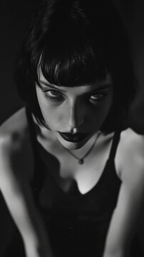 cinematic photography of a woman, with nervous and dramatic facial expressions, black and white photography