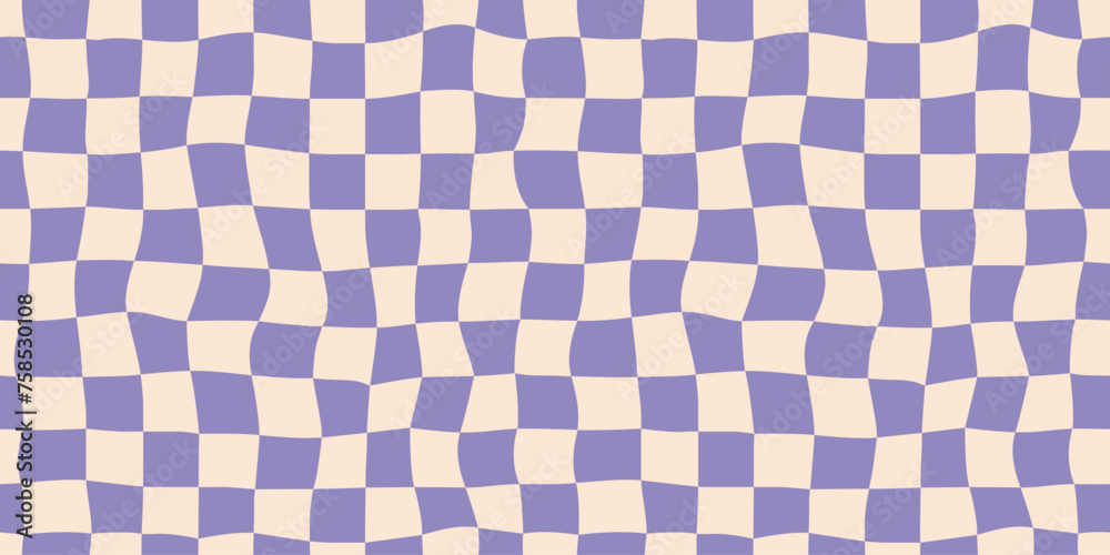 Aufkleber Seamless purple checkerboard pattern. Repeating distorted checkered texture. Groovy trippy abstract background. Vintage retro style wallpaper for textile, fabric, wrapping paper. Vector check surface