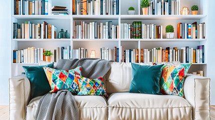 Cozy Home Interior with Modern Sofa, Bookshelves Full of Books, and a Comfortable, Welcoming Atmosphere for Reading and Relaxation