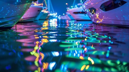 An underwater view of a colorful marina with vibrant blue and green hues reflecting off the...