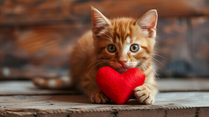 Small red striped kitten with red heart. Love pets, valentine concept.  generative ai 