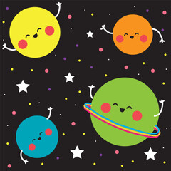 Illustration of planets in space with the sky of stars cute drawings smiling planets kawaii illustration