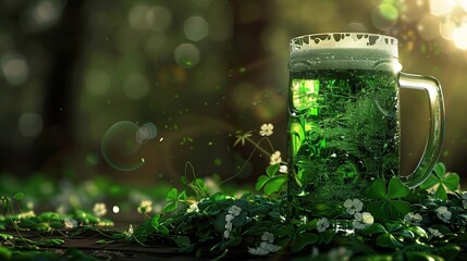 St. Patrick's day Green beer with clover leaves on bokeh background. - obrazy, fototapety, plakaty