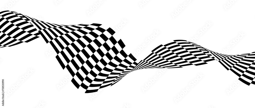 Aufkleber black and white wavy bent ribbon element. curved checkered stripe background. liquid abstract line w