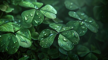 Green clover leaves with water drops close-up. St. Patrick's Day background
