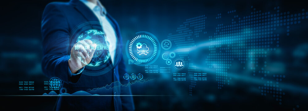 Software development concept. Coding programmer, internet of things (IoT), digital technology.