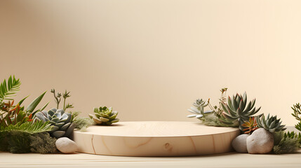 Mockup stage design for products, a flat wood, on a clean light beige background, with some woods and plants. Suitable for e-commerce scenarios.