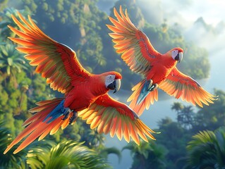 Two macaw parrots flying in the sky with bokeh background
